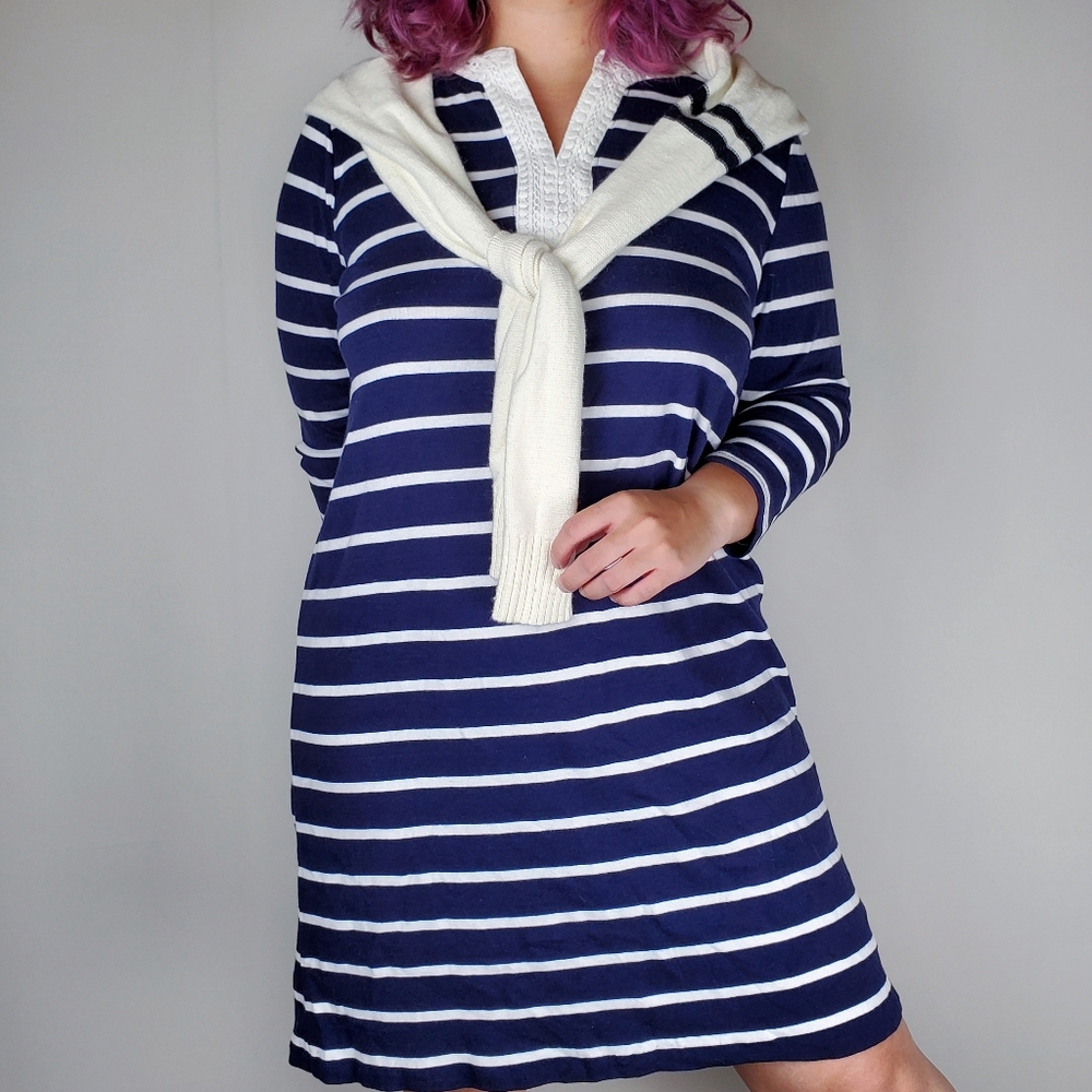Preppy Navy White Striped Shirt Dress